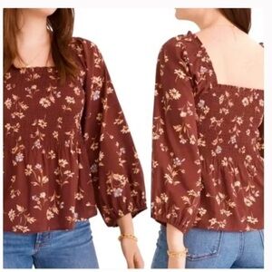 NWT Madewell Lucie Maroon Floral Smocked Square Neck Blouse